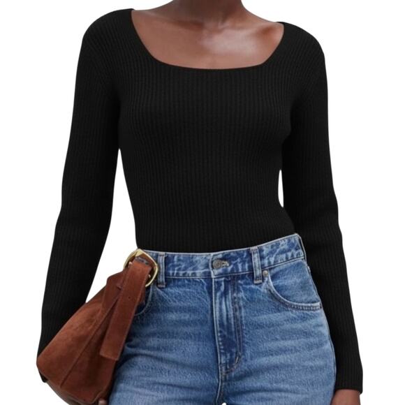 Madewell SoftWool Cashmere Square Neck Blouson Sweater Velvet Black Large NWT - Picture 1 of 9